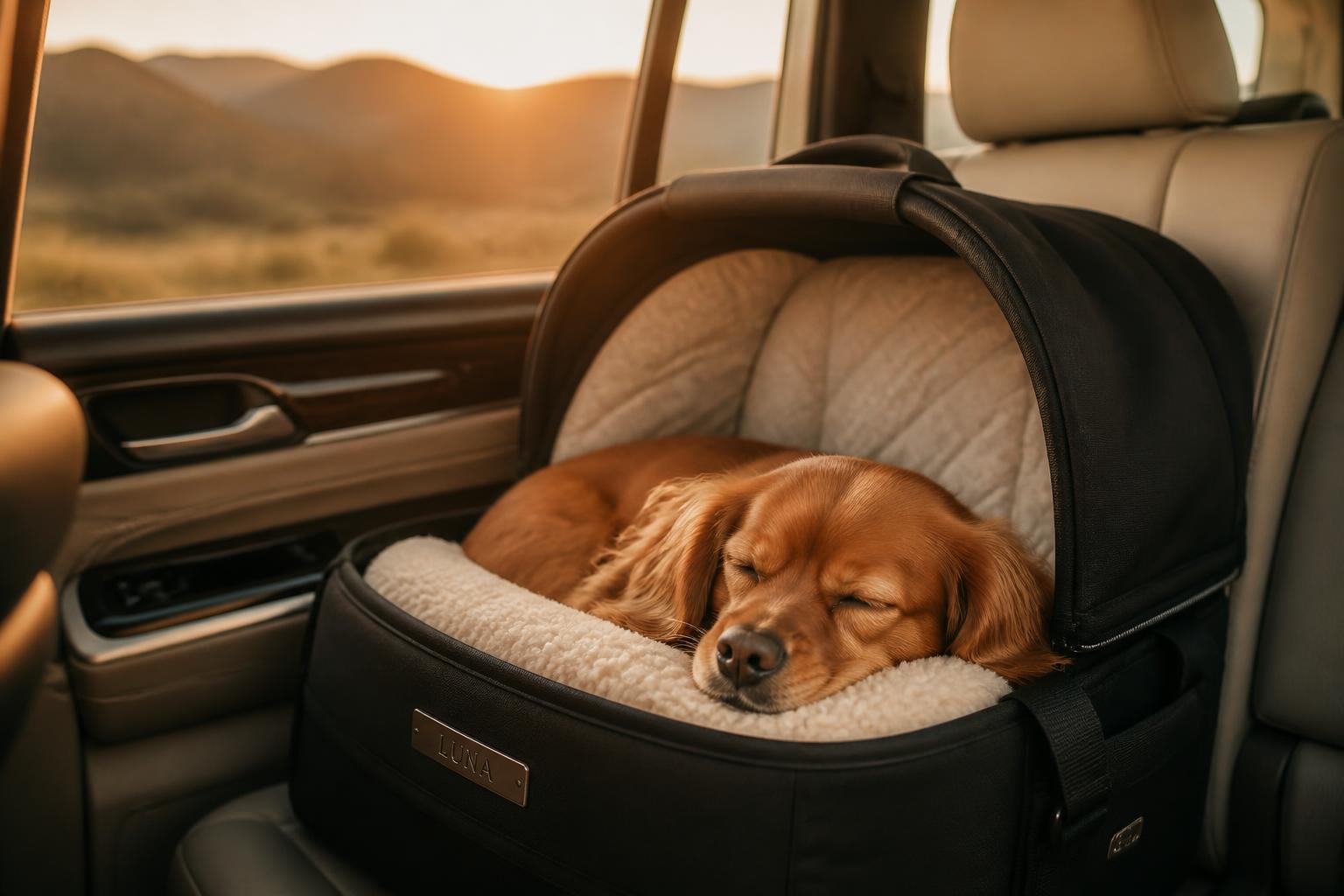 Dog resting in a VoyageFur travel pod during a road trip