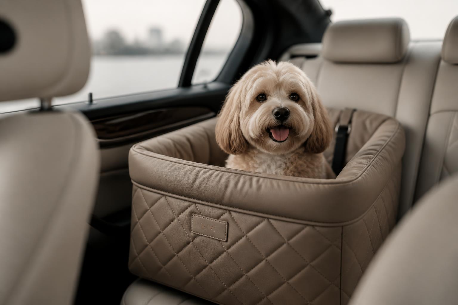 Small dog seated in a quilted leather VoyageFur travel seat inside a luxury car